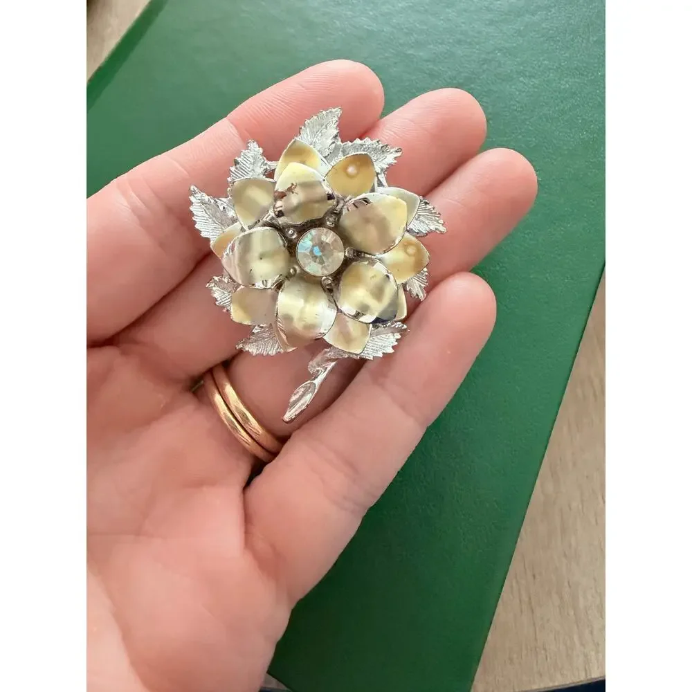 Vintage Rhinestone Flower Brooch Gold Silver Tone Floral Pin